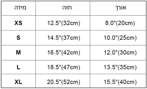 טבלה המציגה את הגדלים של חולצה מעוצבת בעברית.