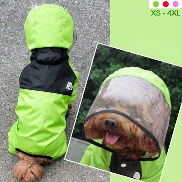 כלב לובש מעיל גשם עם כובע לכלב עם ברדס שחור.