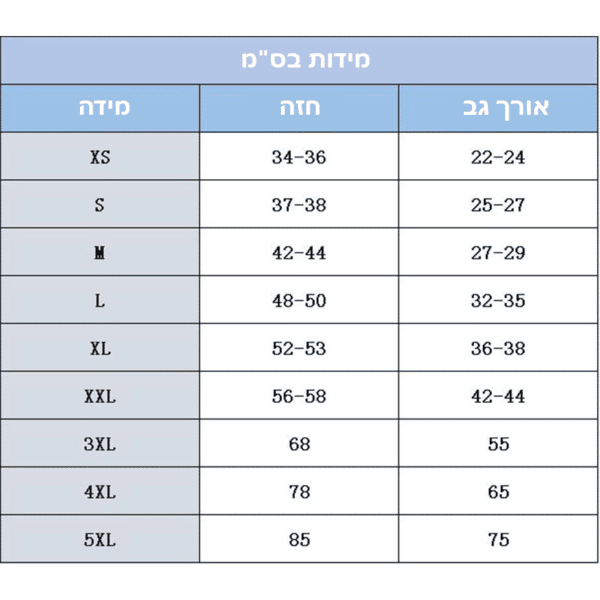 טבלה המציגה את הגדלים של מעיל גשם לכלבים בעברית.