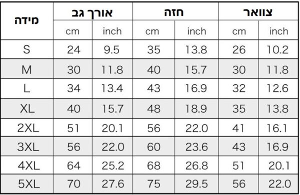 טבלה המציגה את הגדלים של מעיל גשם עם כובע לכלבים בעברית.
