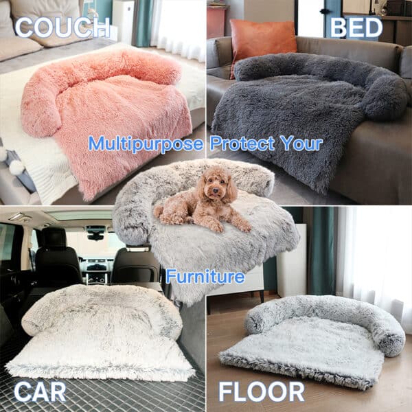 ארבע תמונות שונות של מיטת כלבים לספה ישנה על מיטה.