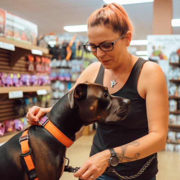 אישה מודדת לכלב רתמה בחנות חיות מחמד